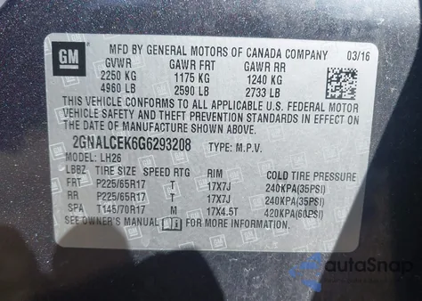 2016 Chevrolet Equinox Lt из США, поврежденный, VIN 2GNALCEK6G6293208